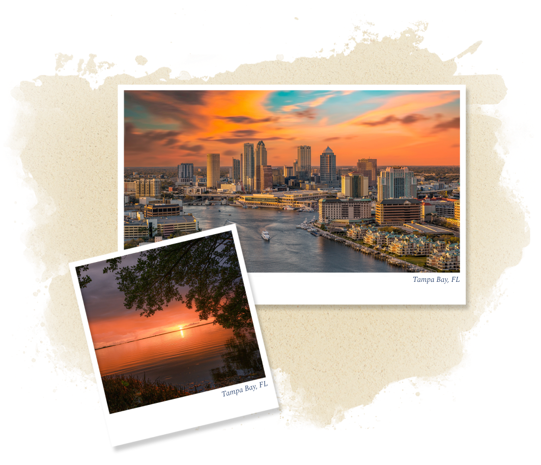 Tampa Bay skyline and waterfront at sunset with city buildings and calm water