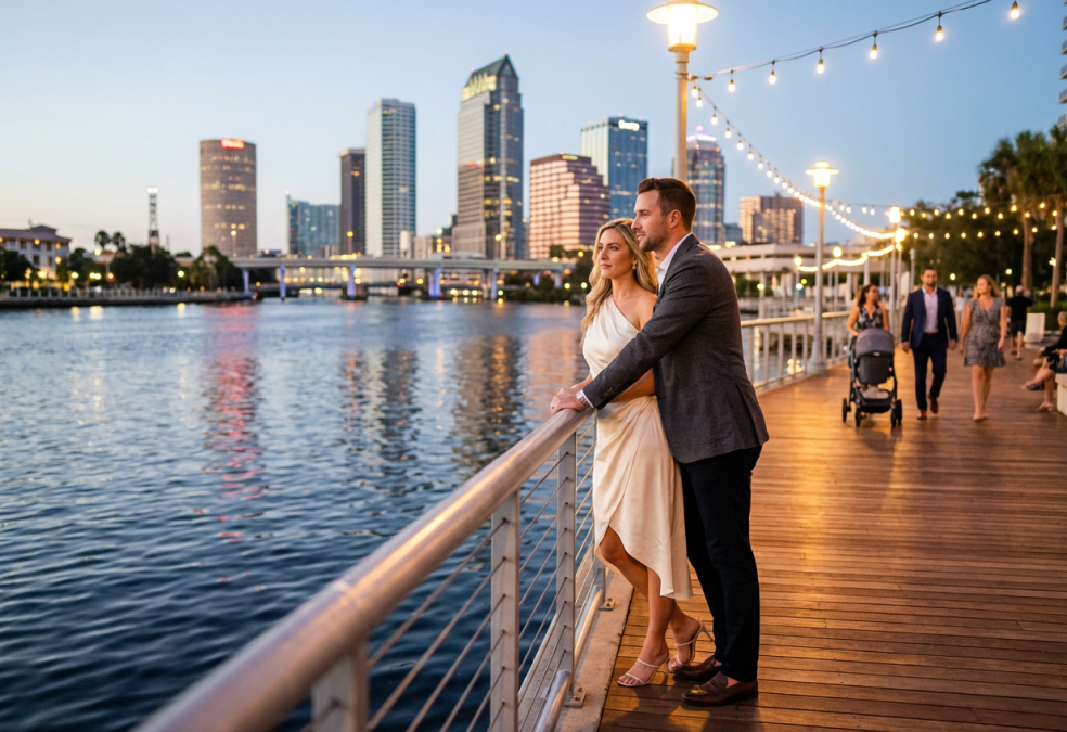Waterfront district with skyline, river, and green spaces